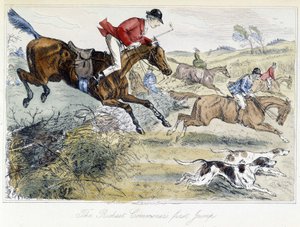 Metsästyskohtaus, englanninkielinen sarjakuva ketunmetsästyksestä, otettu Thomas Scottin eli Hawbuck Grangen ””-seikkailuista”, kuvitus H.K. Browne ja W.T. Maud. tekijältä Hablot Knight Browne