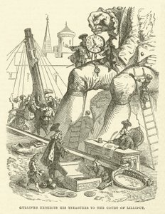Gulliver esittelee aarteitaan Lilliputin hoviin (kaiverrus) tekijältä after Hablot Knight Browne