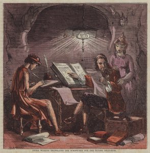 Peter Wilkins kääntää pyhät kirjoitukset lentäville saarilaisille (väri litho) tekijältä after Hablot Knight Browne