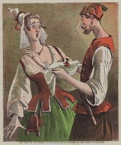 Brobdingnagin maanviljelijän vaimo on huolestunut nähdessään Gulliverin (väri litho)