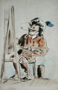 Taiteilijan karikatyyri (akvarelli paperille) tekijältä Hablot Knight Browne