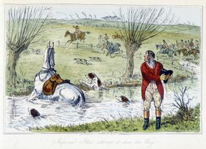 Hunter ja hänen hevosensa putoavat vesipihalle. Englantilainen karikatyyri ketun metsästämisestä ”Thomas Scottin tai Hawbuck Grangen seikkailuista”, kuvitus H.K. Browne ja W.T. Maud. tekijältä Hablot Knight Browne