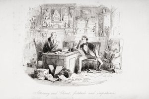 Asianajaja ja asiakas, rohkeutta ja kärsimättömyyttä, kuvitus Charles Dickensin (1812-70) teoksesta "Bleak House", julkaistu 1853 (litho) tekijältä Hablot Knight Browne