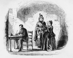 Rouva Bagnet palaa tutkimusmatkaltaan, kuvitus Charles Dickensin (1812-70) "Bleak Housesta" julkaistiin 1853 tekijältä Hablot Knight Browne