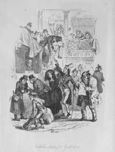 Nicholas lähtee Yorkshireen, kuvitus Charles Dickensin (1812-70) teoksesta "Nicholas Nickleby", julkaistu 1839 (litho) tekijältä Hablot Knight Browne