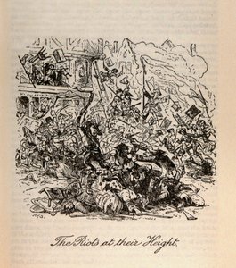 "The Riots at their Height", Charles Dickensin (1812-70) "Barnaby Rudgesta" tekijältä Hablot Knight Browne