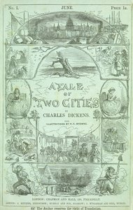Nimisivu Charles Dickensin kirjan "A Tale of Two Cities" 1859 sarjamuotoisen painoksen ensimmäisestä osasta tekijältä Hablot Knight Browne