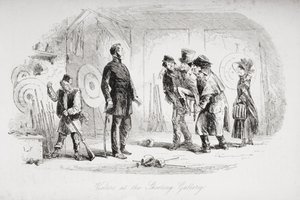 Vierailijat ampumagalleriassa, kuvitus Charles Dickensin (1812-70) 