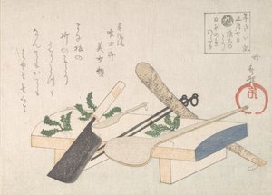 Keittiövälineet vihreillä seremoniaan 7. tammikuuta 1800-luvulla. tekijältä Hachifusa Shuri