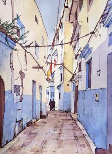 Hiljainen kävelyretki, Chefchaouen, Marokko, n.2024 (akvarelli ja muste).
