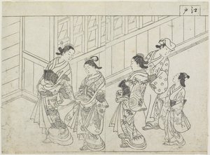 Viisi prostituoitua talon edessä, 1770-luvun alku (puupainatus) tekijältä Hanabusa Shigenobu