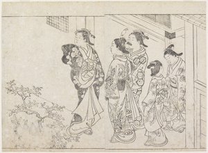 Viisi prostituoitua sisäpihalla, 1770-luvun alku (puupainatus) tekijältä Hanabusa Shigenobu