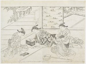Kolme prostituoitua huoneessa, 1770-luvun alku (puupainatus) tekijältä Hanabusa Shigenobu