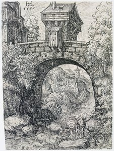Maisema sillan kanssa, 1550 tekijältä Hanns Sebald Lautensack