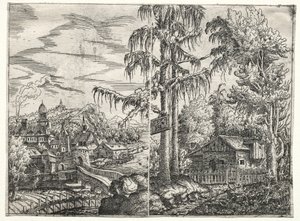 Maisema, jossa on kaupunki joen rannalla ja mökki puiden välissä, 1551.