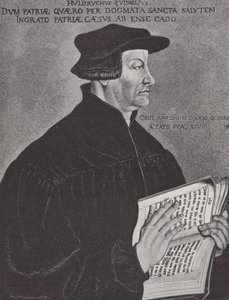 Huldrych Zwingli, uskonpuhdistuksen johtaja Sveitsissä (kaiverrus). tekijältä Hans (after) Asper