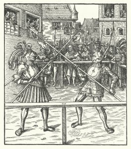Itävallan arkkiherttua Maximilian taistelee jalkaisin halbardilla (kaiverrus) tekijältä Hans (after) Burgkmair