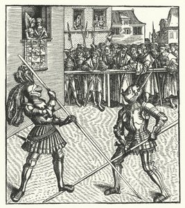 Itävallan arkkiherttua Maximilian taistelee jalkaisin keihässä (kaiverrus) tekijältä Hans (after) Burgkmair