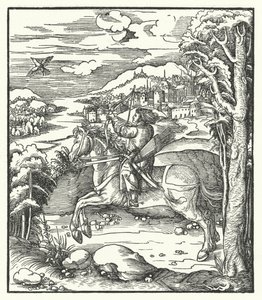 Itävallan arkkiherttua Maximilian metsästää hevosen selässä (kaiverrus) tekijältä Hans (after) Burgkmair