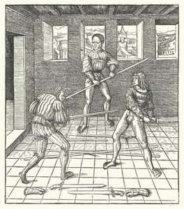 Itävallan arkkiherttua Maximilian oppii miekkailua (kaiverrus) tekijältä Hans (after) Burgkmair