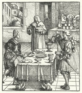 Itävallan arkkiherttua Maximilian opettelee ruokakulttuuria (kaiverrus). tekijältä Hans (after) Burgkmair