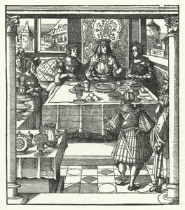 Itävallan arkkiherttua Maximilian vierailee tulevan vaimonsa, Burgundin Marian ja tämän äitinsä Isabellan Bourbonin luona (kaiverrus) tekijältä Hans (after) Burgkmair