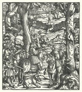 Maximilian I, roomalaisten kuningas, saa viestin metsästäessään (kaiverrus) tekijältä Hans (after) Burgkmair
