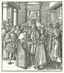 Paavi Nikolai V puheenjohtajana Pyhän Rooman keisarin Fredrik III:n ja Portugalin Eleanorin avioliittoa Roomassa tekijältä Hans (after) Burgkmair