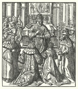 Pyhän Rooman keisari Frederick III ja keisarinna Eleanor vastaanottavat ehtoollisen paavilta (kaiverrus) tekijältä Hans (after) Burgkmair