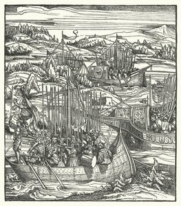 Pyhän Rooman keisari Maximilian I laivastoineen La Speziassa, Italiassa tekijältä Hans (after) Burgkmair