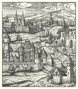 Wiener Neustadt, Itävalta, Maximilian I:n, Pyhän Rooman keisarin, syntymäpaikka (kaiverrus) tekijältä Hans (after) Burgkmair