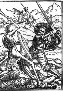 Hans Holbein Nuoren (1497-1543): sotilaan tekokuolema. Sotilas taistelee kuolemaa vastaan; heidän jalkojensa juuressa lepäävät muiden sotureiden ruumiit. Kaiverrus.
