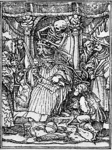 Simulakonit Hans Holbein Nuoren (1497-1543): keisarin kuolemasta. Kun Kuolema ottaa pois keisarin kruunun, talonpoika anoo häneltä oikeutta. Kaiverrus.