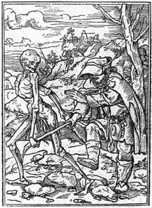 Hans Holbein nuoremman (1497-1543): sokeiden kuoleman simulakonit. Kuolema tarttuu sokean keppiin ja toimii oppaana. Kaiverrus.