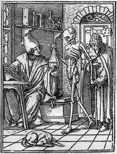 Hans Holbein nuoremman (1497-1543): lääkärin kuoleman simulakonit. Kuolema tulee lääkärin ja potilaan väliin. Kaiverrus.