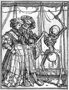 Hans Holbein nuoremman (1497-1543) kuoleman simulakonit: aviomiehet. Kuolema soittaa rumpua pariskunnan edessä. Kaiverrus.