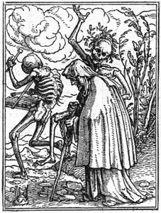 Hans Holbein nuoremman (1497-1543) kuoleman simulakonit: vanha. Kuolema seuraa vanhan naisen kohtaloaan. Kaiverrus.