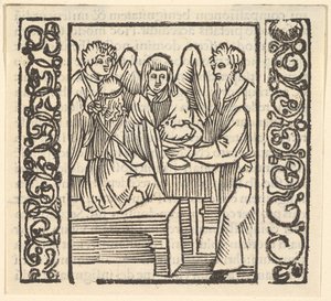 Enkelit palvelivat pöydässä, kuva Speculum Passionisista, 1507, 1507. tekijältä Hans Baldung