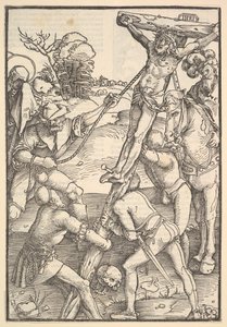 Ristin nostaminen, verso: Ristin nostaminen, teoksesta Speculum Passionis Domini ..., 1507. tekijältä Hans Baldung