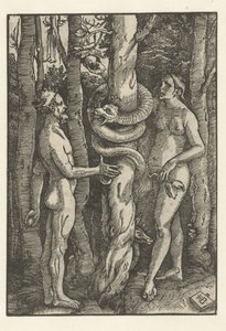 Aadam ja Eeva käärmeen kanssa Houkutus tekijältä Hans Baldung Grien