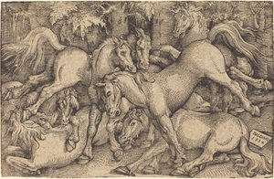 Seitsemän hevosen ryhmä metsässä tekijältä Hans Baldung Grien