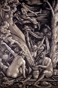 The Sabbath of the Wiches, kaiverrus Hans Baldung Greenin, saksalaisen taidemaalarin, kaivertajan ja sarjakuvapiirtäjän (1484-1545) toimesta.