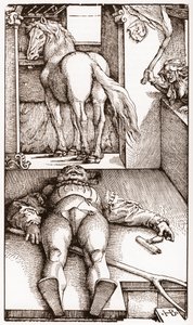 Lumottu palefrenier - (nukkuva sulhanen ja velho) puukaiverrus Hans Baldung Grienin (1485-1544) noin 1544 - tekijältä Hans Baldung Grien