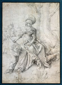 Nainen ratsastaa miehellä: Phyllis istuu nelijalkain kävelevän Aristoteleen selässä. Piirustus Grien Hans Baldung (1484-1545) Ec. Kaikki.