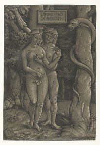 Aadamin ja Eevan kiusaus paratiisissa Ihmisen kaatuminen Lapsvs Hvmani Generis (otsikko esineessä) tekijältä Hans Baldung Grien