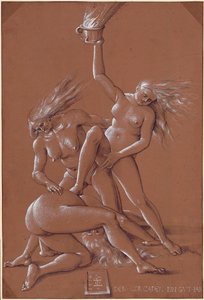 Uudenvuoden tervehdys kolmen noidan kanssa - Hans Baldungin (1484-1545) taidemuste ja valkoinen liitu paperille tekijältä Hans Baldung Grien