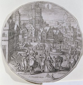 Tammikuu, jossa porvarit juhlivat kahdestoista yötä Bergenin torilla, Adriaen Collaertin (1560-1618) kaivertamasta kahdestatoista "Vuoden kuukauden" sarjasta tekijältä Hans Bol