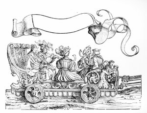 Kohtaus Maximilianin voittokulkueesta, n. 1516-1518 (puupiirros) (bw kuva) tekijältä Hans Burgkmair