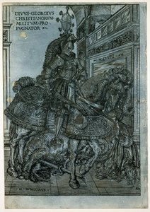 Pyhä Yrjö hevosen selässä, 1508 (chiaroscuro-puupiirros) tekijältä Hans Burgkmair