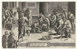 Kristus wast de voeten van de discipelen Kaiken Herra kumartuu polvilleen pestäkseen palvelijoidensa jalat, esimerkki ainutlaatuisesta nöyryydestä (otsikko esineessä) tekijältä Hans Collaert (I) (attributed to)